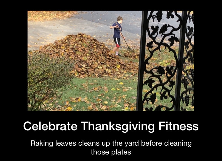 Thanksgiving- child raking leaves as part of holiday fitness